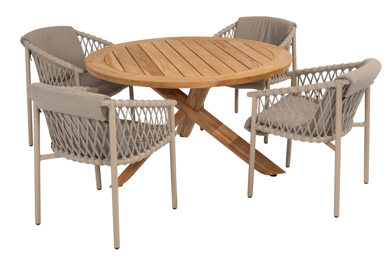 4 Seasons Outdoor 5-delige diningset Prado table 130 cm teak + Allora dining latte