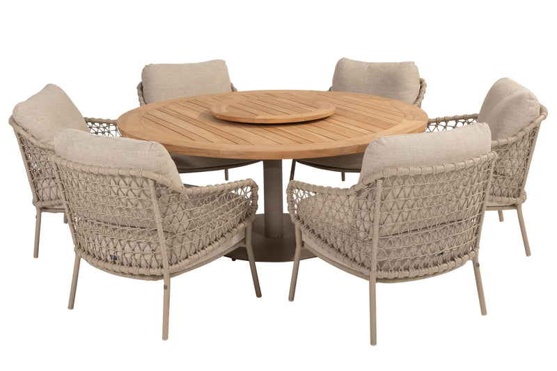 4SO 7-delige set Saba low diningtable 160 cm ø  + Sardinia low diningchair