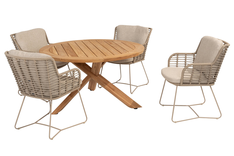 4 Seasons Outdoor 5-delige diningset Prado tafel 130 ⌀ teak onderstel + Fabrice dining latte