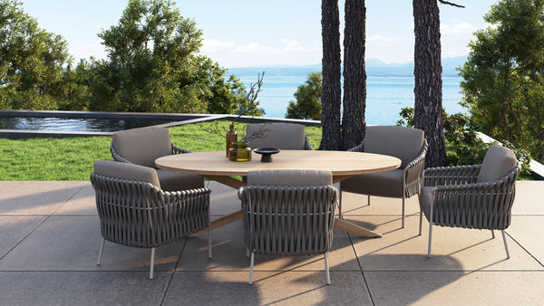 4SO 7-delige set Nevada low diningtable 250 cm + Comino low diningchair latte