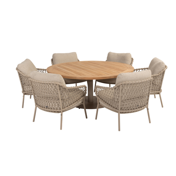 4SO 7-delige set Saba low diningtable 160 cm ø  + Sardinia low diningchair