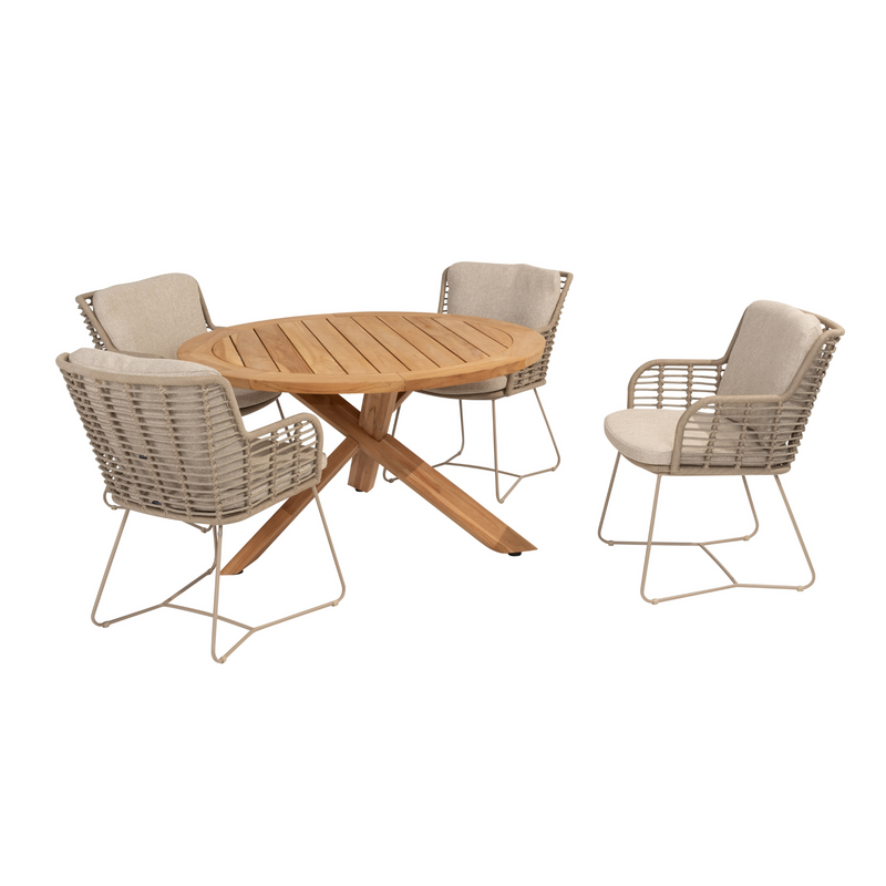 4 Seasons Outdoor 5-delige diningset Prado tafel 130 ⌀ teak onderstel + Fabrice dining latte