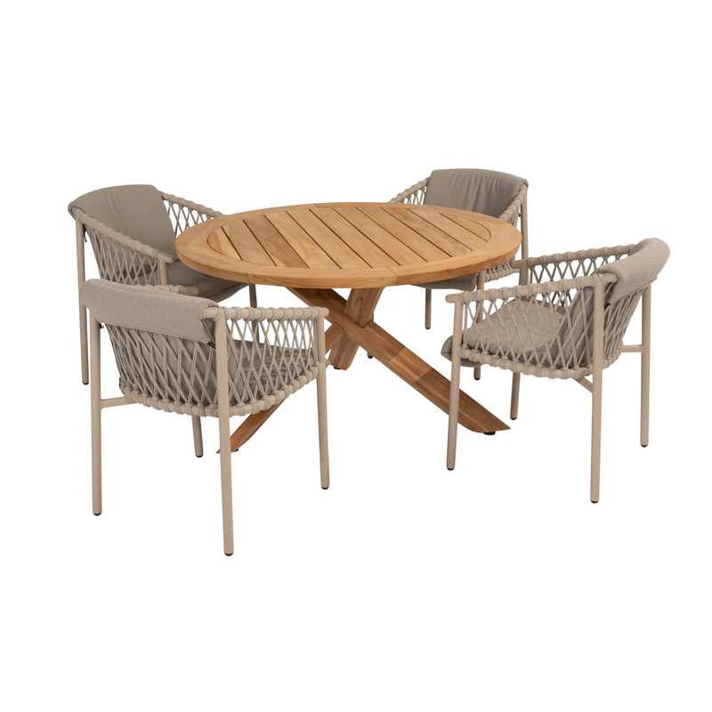 4 Seasons Outdoor 5-delige diningset Prado table 130 cm teak + Allora dining latte