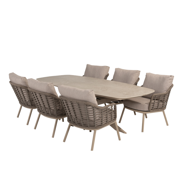 4SO 7-delige set Nevada low diningtable 250 cm + Puglia low diningchair latte