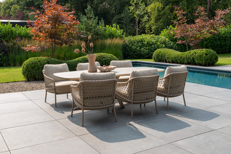 4SO 7-delige set Nevada low diningtable 250 cm + Sardinia low diningchair latte