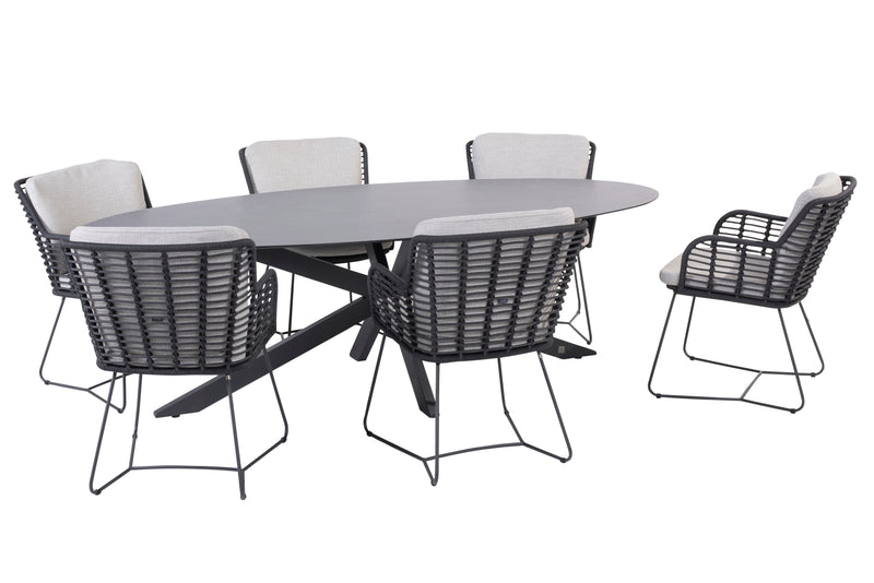 7-delige diningset Fabrice antraciet Privada 240x107 cm ovaal